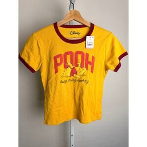 Disney Winnie the Pooh Ringer Tee Womens M Yellow Graphic Shirt NWT